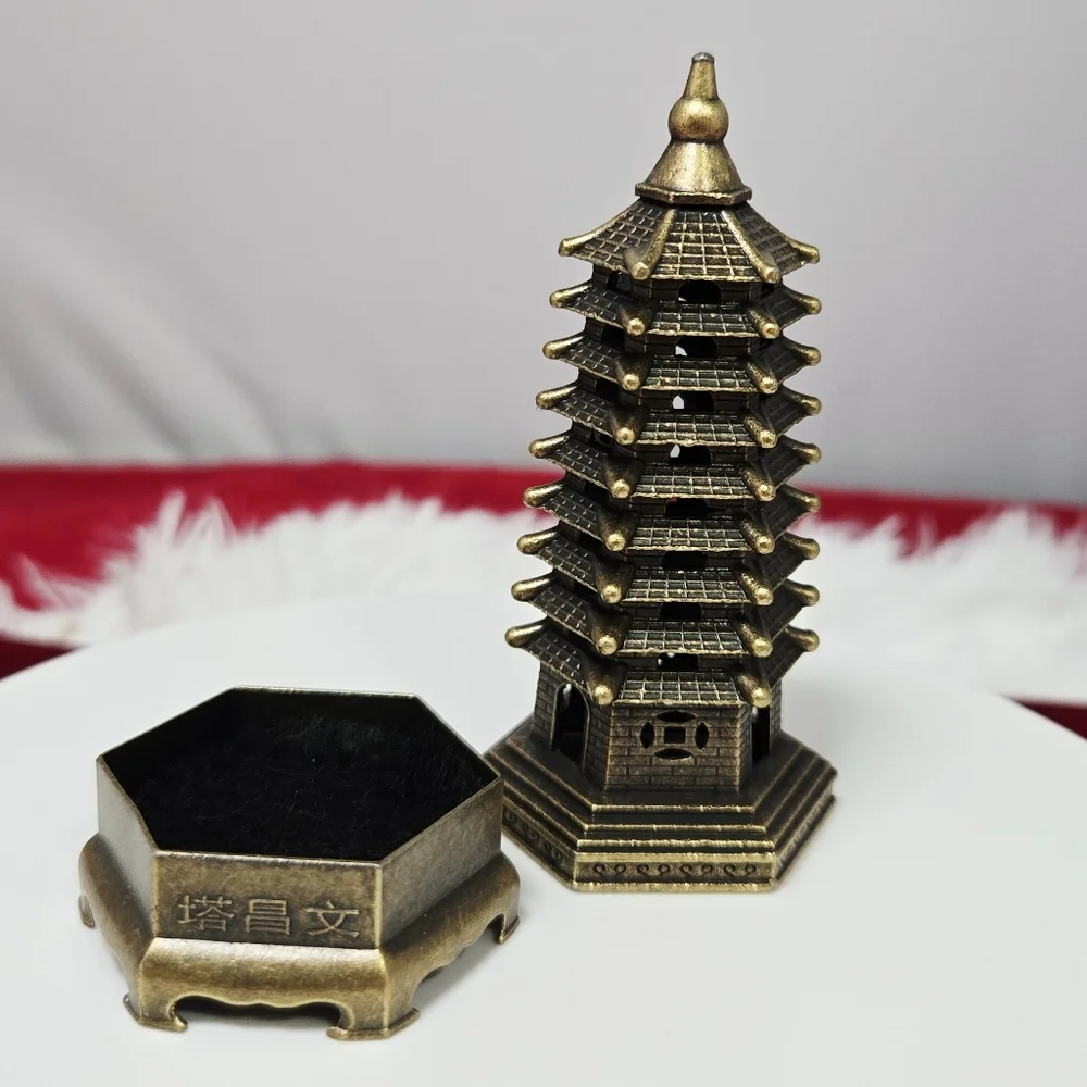 Mini Wenchang Pagoda Brass Incense Holder Feng Shui Study Desk Focus Zen Decor